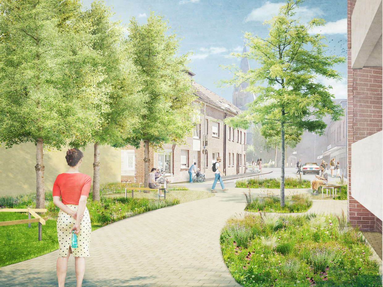 Eine Visualisierung der zukünftigen Wohnstraßen in Rheindahlen mit viel Grünflächen und Sitzgelegenheiten