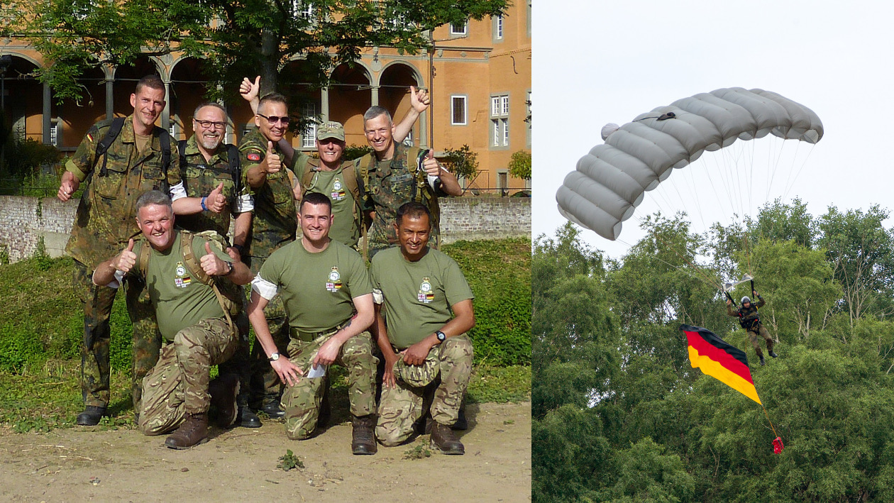 Zwei Fotos, auf dem Linken ein Gruppenfoto von Bundeswehrsoldaten, auf dem rechten ein Bundeswehrsolldat mit Fallschirm.