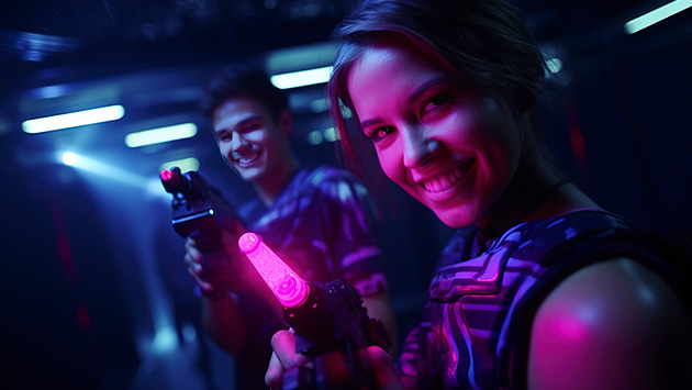 Zwei personen stehen mit Lasertagpistolen in einem dunklen Raum