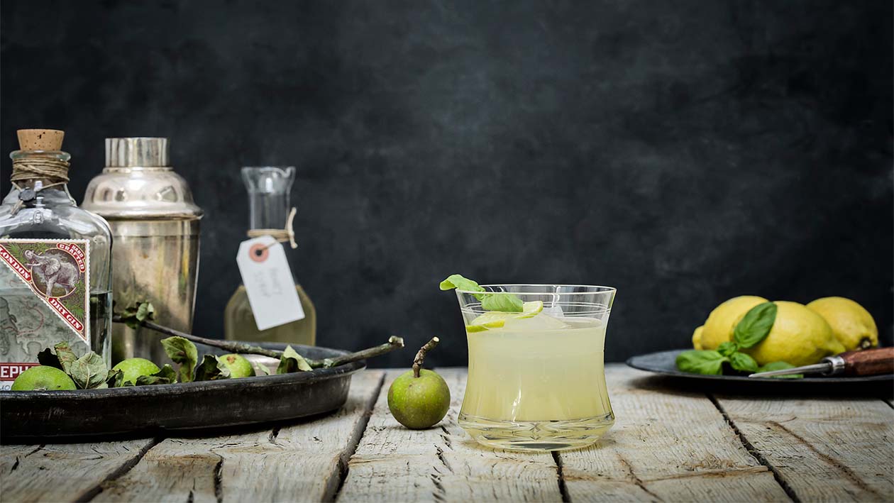 Drink mit einer Flasche Elephant Gin, Äpfeln, Zitronen und Shaker auf einem Tisch
