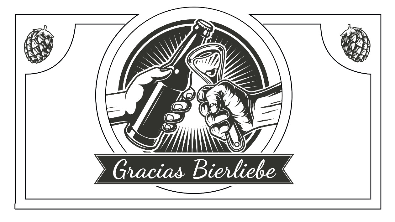 eine grafische Darstellung auf der mit einer Flasche und einem Flaschenöffner angestoßen wird, darunter steht auf einem banner "Gracias Bierliebe", in den oberen Ecken sind grafische Darstellungen von Hopfen