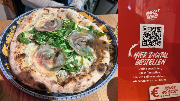 Zwei Fotos, auf dem linken eine Pizza mit verschiedenen Gemüse, rechts ein Schild mit QR-Code um Speisen digital zu bestellen