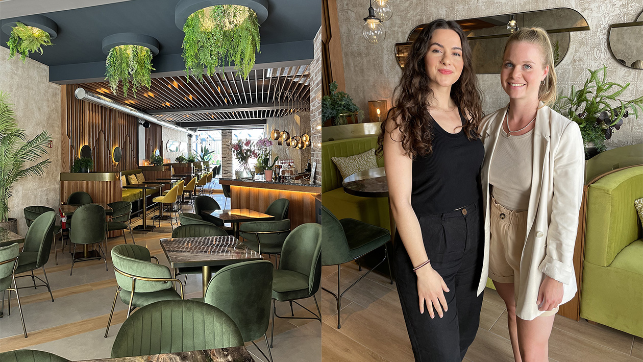 Zwei Fotos, auf dem linken die Inneneinrichtung des Café Joli, auf dem rechten Inhaberin Martha Gouglia und Hindenburger-Redakteurin Jessica Sindermann