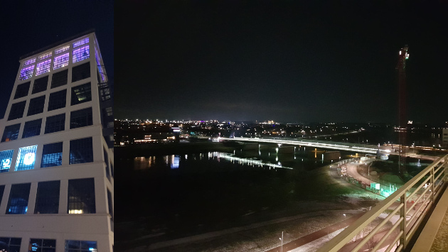Zwei Fotos, auf dem linken das Gebäuder der Skybar und auf dem rechten die Aussicht auf Venlo