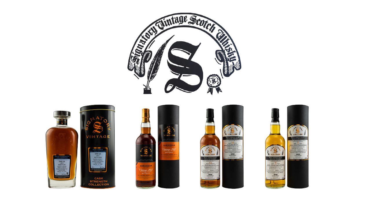 4 Sorten Signatory Vintage Whisky, darüber das Signatory Vintage Logo, alles auf weißem Hintergrund