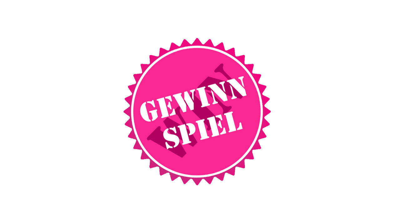 Pinker Stern mit weißer Aufschrift "Gewinnspiel" auf weißem Hintergrund