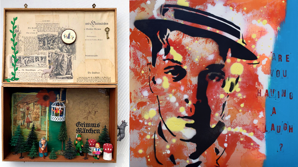 Zwei Fotos, auf dem linken eine zum Thema "Gebrüder Grimms Märchen" dekorierte Zigarettenbox, auf dem rechten eine Popart Malerei mit dem Titel "Are you having a laugh?"