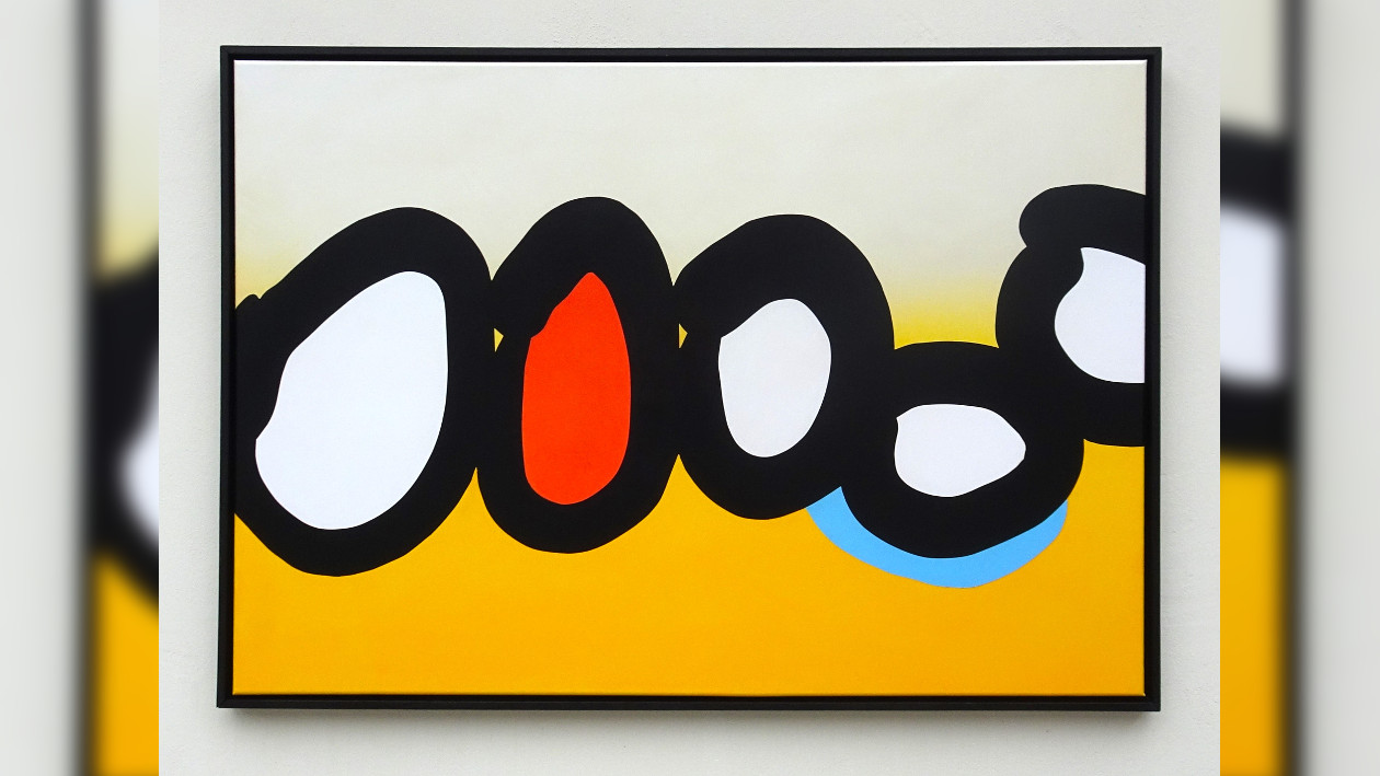 Ein Kunstwerk von Svend Dunkhorst ein roter und vier weiße Kreise auf orangenem Grund