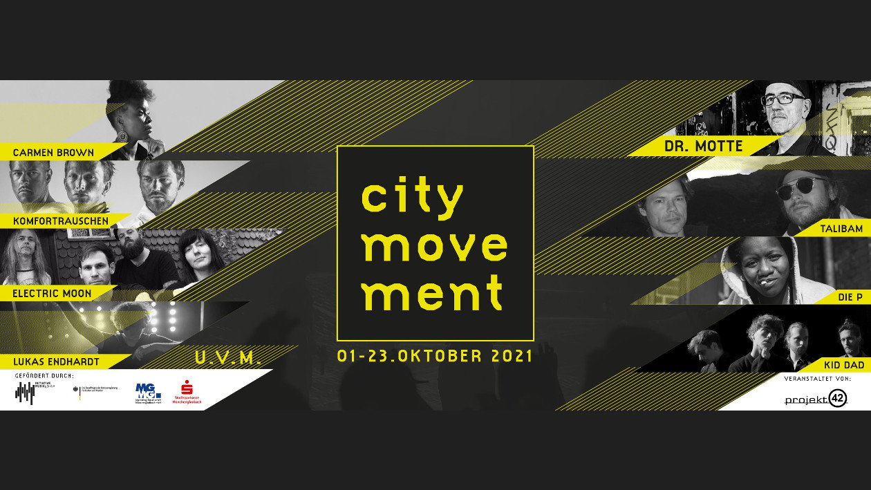 In der Mitte das Logo vom CityMovement Festival in Mönchengladbach, links und recht Jeweils Künstler mit Bildern, welche auf dem Festival auftreten.