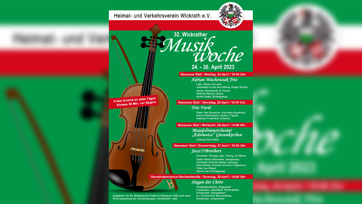 Eine Grafik einer Geige auf grünem Hintergrund, daneben steht in weiß das Programm der 32. Wickrather Musikwoche