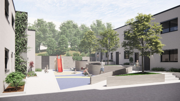 Eine 3D Visualisierung der neuen Wohnhäuser an der Waldhausener Straße, Innenhof