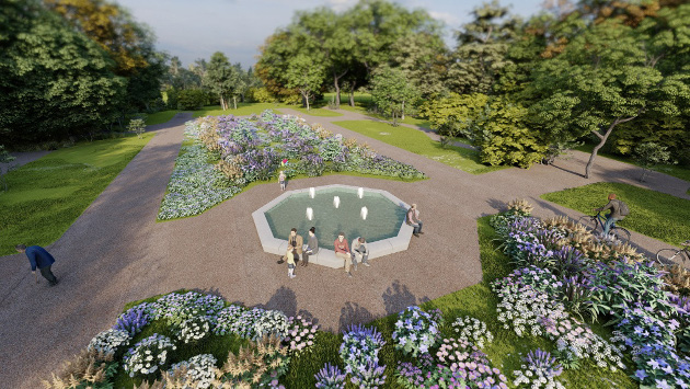 Visualisierung des neuen Brunnens im Bunten Garten aus der Luftperspektive