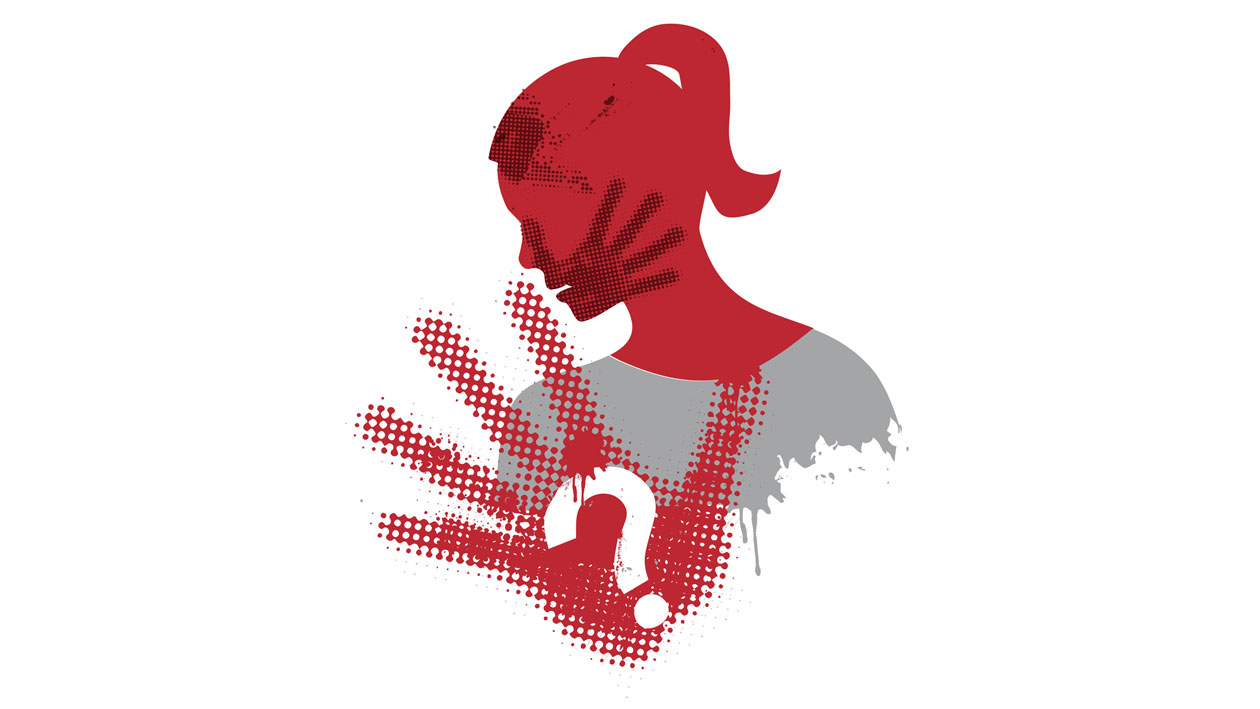Stilisierter Handabdruck mit Fragezeichen auf Frauensilhouette