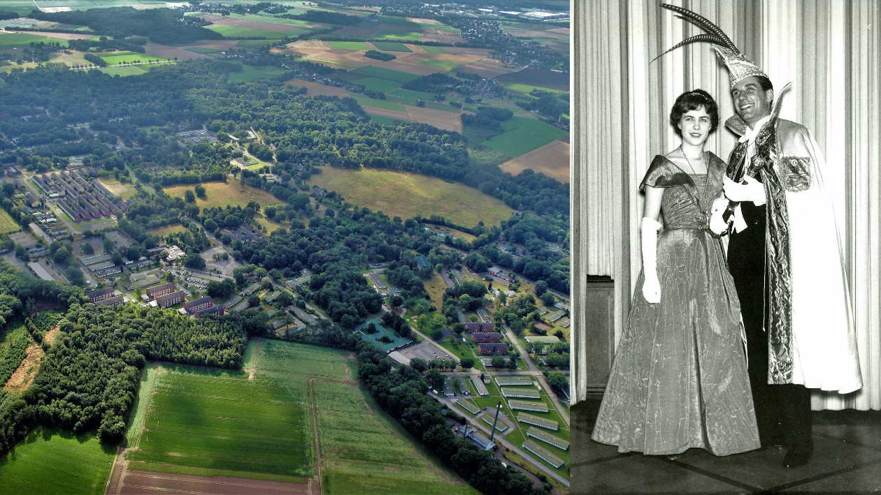 Zwei Fotos, auf dem linken ist eine Luftaufnahme des JHQ in Mönchengladbach zu sehen, auf dem rechten die Engländerin Patricia Jones als Karnevalsprinzessin mit ihrem Prinzen