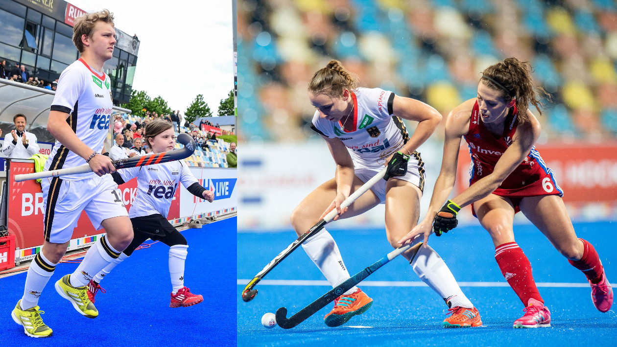 Zwei fotos, auf dem linken ein Hockeyspieler und ein Mädchen rennen aufs hockeyfeld, auf dem rechten zwei Hockeyspielerinnen im Zweikampf