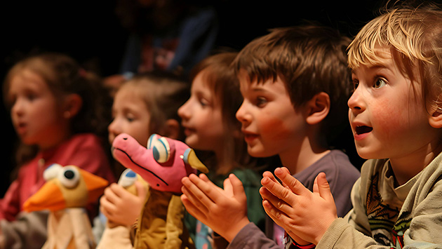 Eine Reihe klatschender Kinder mit Stoffpuppen