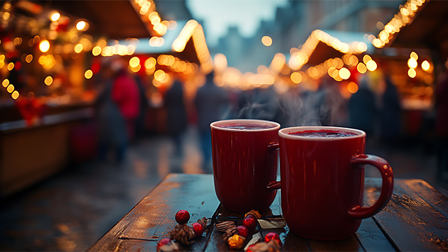 Zwei rote Tassen auf einem Tisch mit Weihnachtsmarkt-Beleuchtung im Hintergrund