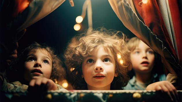 Erwartungsvoll schauende Kinder in einem Zirkuszelt