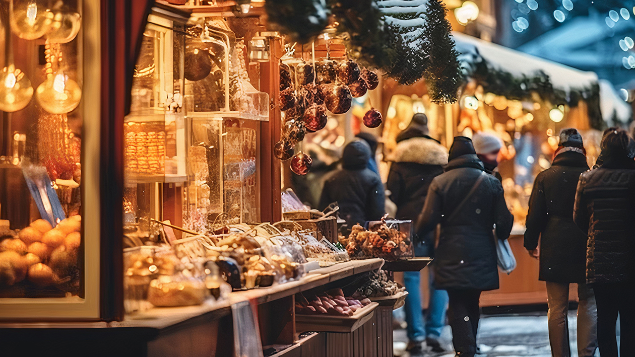 Foto eines Weihnachtsmarktstandes im Vordergrund, mit einer Gruppe winterlich angezogener Menschen beim Besuch des Weihnachtsmarktes.