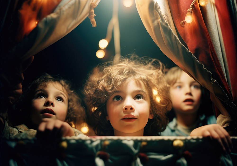 Erwartungsvoll schauende Kinder in einem Zirkuszelt